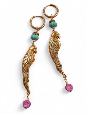 Farm Rio Style Parrot Bird Long Dangle Gold Earrings Handmade Tropical Flower